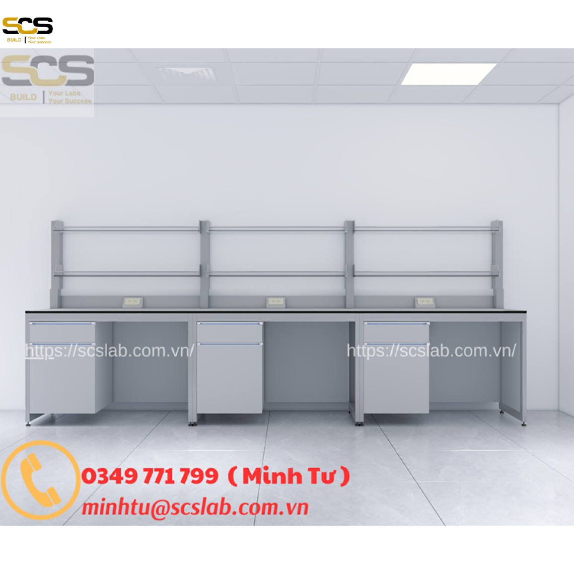Bàn thí nghiệm áp tường có kệ kích thước 3600mm