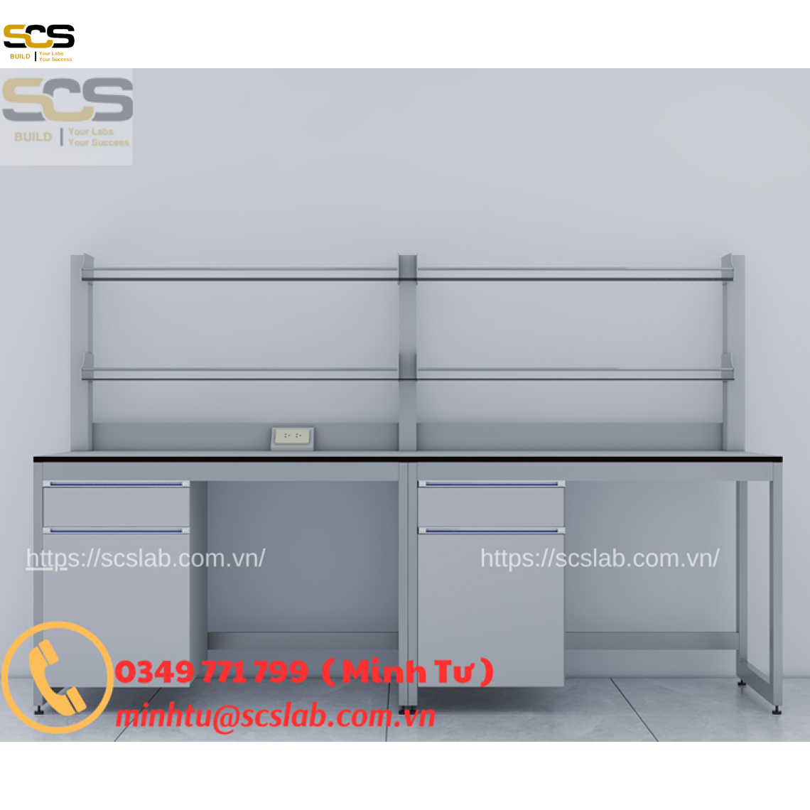 Bàn thí nghiệm áp tường có kệ lưu mẫu kích thước 2400mm