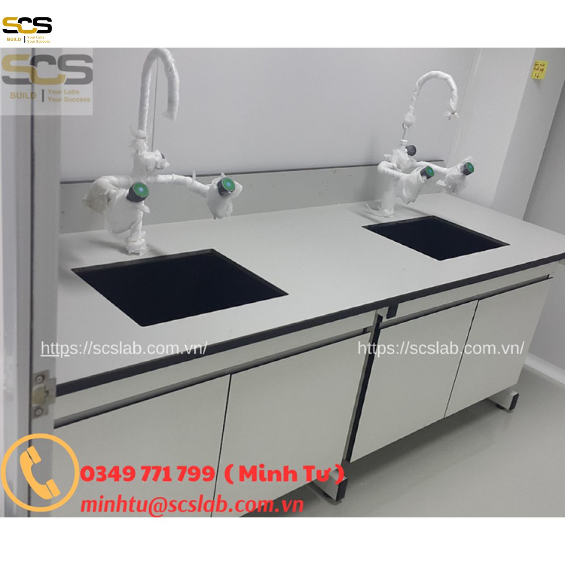 Bàn thí nghiệm hai chậu rửa không có giá treo – Bền chắc, tiện dụng, đạt chuẩn phòng lab