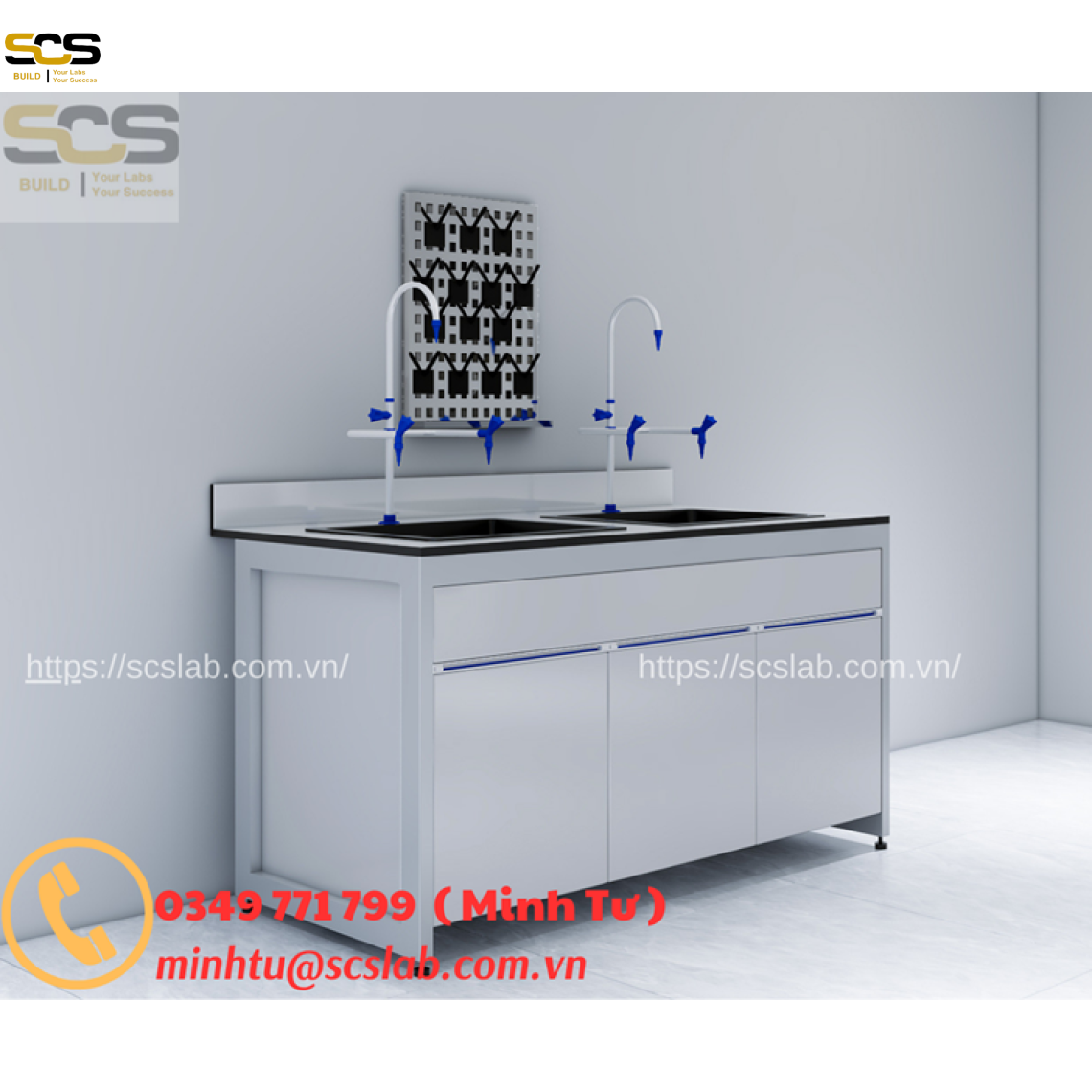 Bàn thí nghiệm hai chậu rửa có giá treo dụng cụ