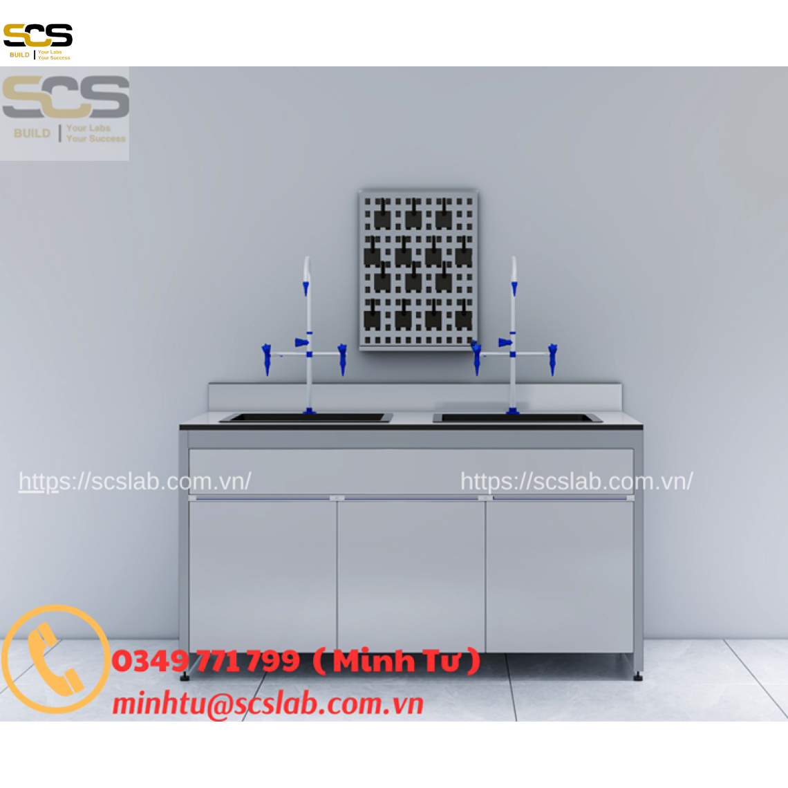 Bàn thí nghiệm hai chậu rửa có giá treo dụng cụ