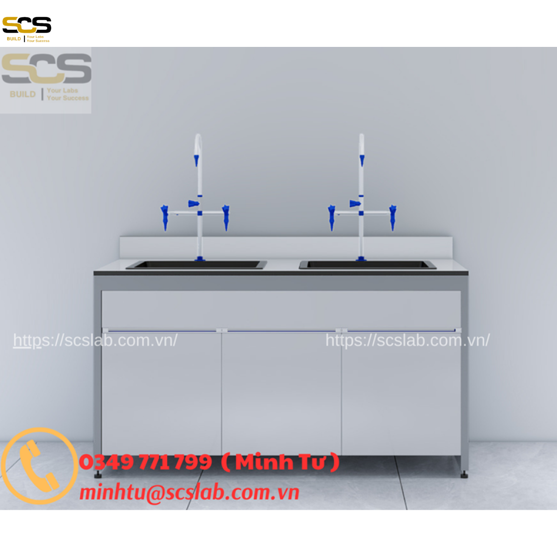Bàn thí nghiệm hai chậu rửa không có giá treo – Bền chắc, tiện dụng, đạt chuẩn phòng lab