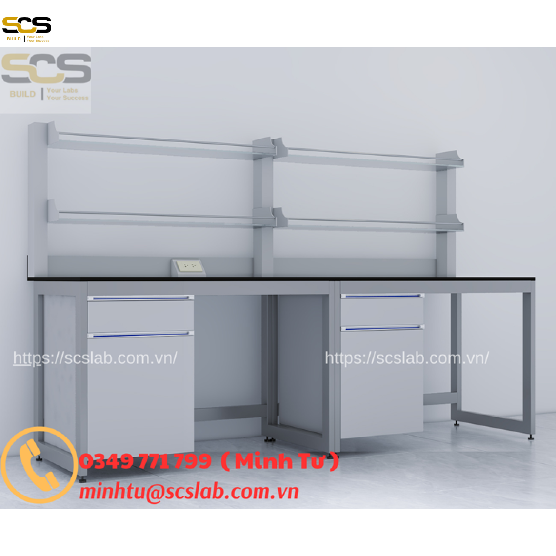 Bàn thí nghiệm áp tường có kệ lưu mẫu kích thước 2400mm