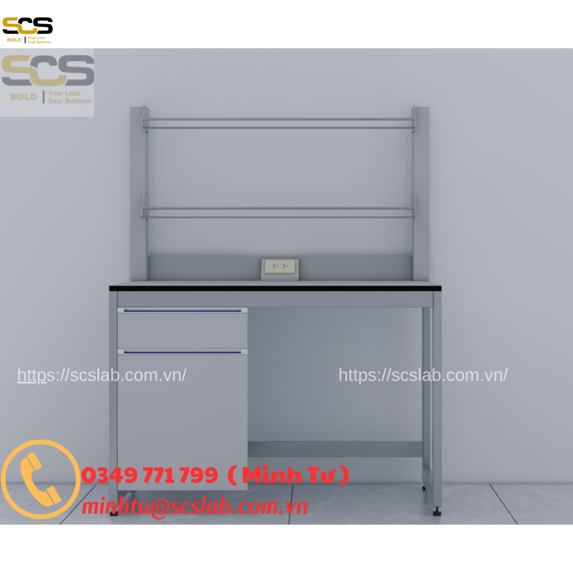 Bàn thí nghiệm đơn có kệ 2 tầng kích thước 1200mm. SCS  LAB