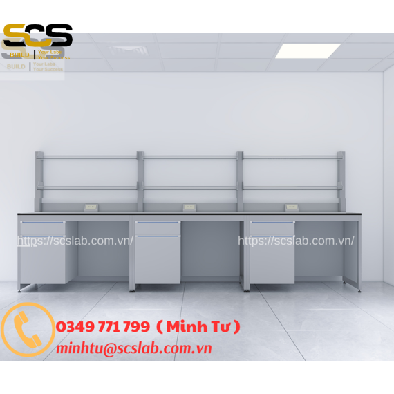 Bàn thí nghiệm áp tường có kệ kích thước 3600mm