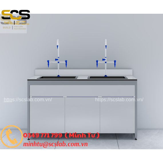 Bàn thí nghiệm hai chậu rửa không có giá treo – Bền chắc, tiện dụng, đạt chuẩn phòng lab